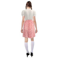Adult pink beer maid costume with corset bodice, ribbon detail, puffy sleeves, and printed skirt with white bodice back