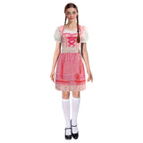 Adult pink beer maid costume with corset bodice, ribbon detail, puffy sleeves, and printed skirt with white bodice back