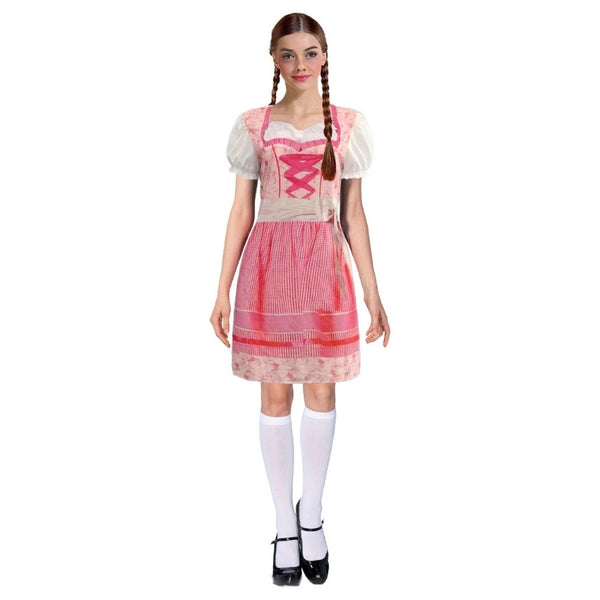Adult pink beer maid costume with corset bodice, ribbon detail, puffy sleeves, and printed skirt with white bodice back