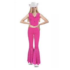 Adult Pink Doll Cowgirl Costume, pink midriff top that buttons up, flared pants, set with contrasting print on collar and flare.