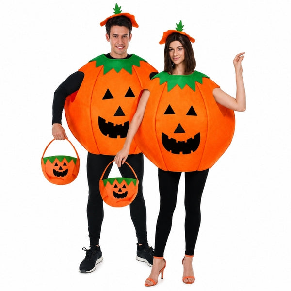 Adult Pumpkin Felt Costume with orange Jack-o'-lantern face for Halloween