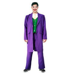 Adult purple suit costume featuring a jacket with attached vest, perfect for Halloween and villain-themed characters. Ideal for creating a mischievous or theatrical look.