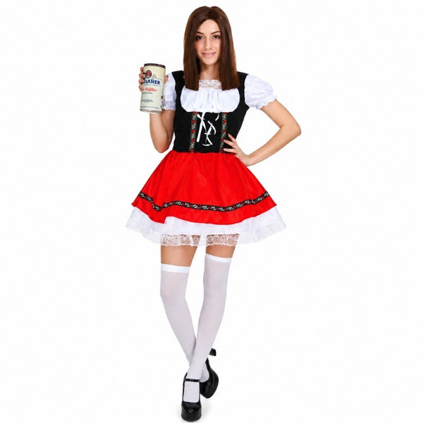 Adult red Beer Girl Oktoberfest costume with Bavarian dress and white stockings