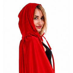 Adult wearing a red hooded costume cape with attached hood