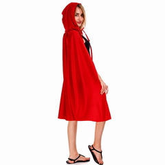 Adult wearing a red hooded costume cape with attached hood