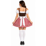 Back view of red oktoberfest lady costume with braid trim and ties at the back