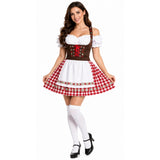 Woman wearing Adult Red Oktoberfest Lady Costume with checked skirt, apron and stockings