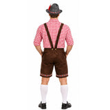 Back view of adult red oktoberfest man lederhosen, red check shirt, hat and socks