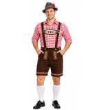 Adult red Oktoberfest man costume with brown shorts, suspenders, hat and socks