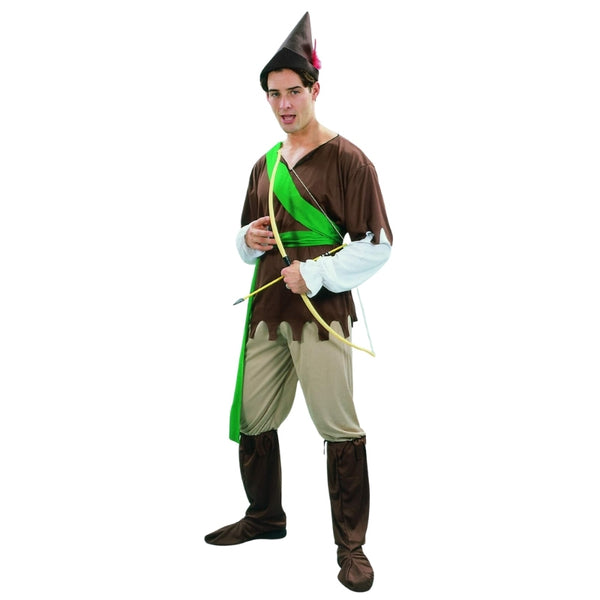 Adult Robin Hood costume with green tunic, hat and medieval archer styling
