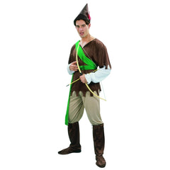 Adult Robin Hood costume with green tunic, hat and medieval archer styling