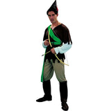 Adult Robin Hood costume with green shirt, pants, boot tops, sash, and hat