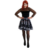 Close-up view of the adult skeleton dress highlighting the intricate spider web lace design on the sleeves and bodice, paired with a printed skeleton skirt for a hauntingly elegant Halloween look.