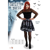 Adult skeleton dress with bone-print skirt and lace spider web sleeves – perfect for Halloween or gothic-themed parties