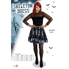 Close-up view of the adult skeleton dress highlighting the intricate spider web lace design on the sleeves and bodice, paired with a printed skeleton skirt for a hauntingly elegant Halloween look.