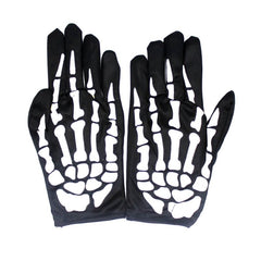 Pair of adult-sized black wrist-length gloves featuring a white skeleton bone print, perfect for spooky costumes or Halloween outfits.