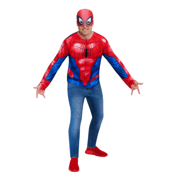 Adult Spider-Man costume top and mask with red and blue Marvel superhero design