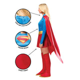 A woman modeling a Superman-style costume on a white background, shown in side profile with three circular callout insets highlighting fabric details: hook-and-loop fastening, a printed Superman logo design, and red jersey fabric.