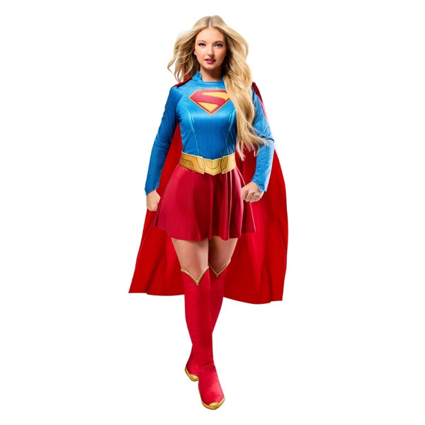 Front view of Adult Supergirl Deluxe Costume with dress and gold belt