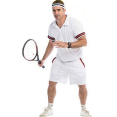 Adult Tennis Player costume with classic shirt, shorts, and headband, perfect for 70s/80s themed parties.