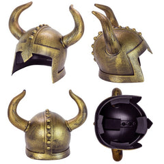 Adult Viking helmet with horned warrior design and antique gold finish