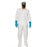 Adult white protective suit with jumpsuit, black-rimmed goggles, blue gloves, and hazard face mask, perfect for Halloween.