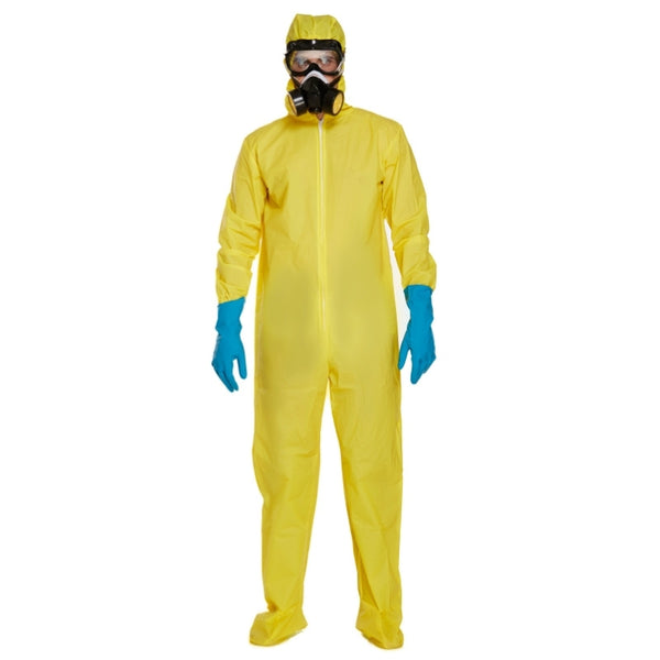 Adult yellow protective suit costume with full-body jumpsuit design