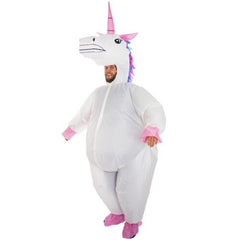 Adults Inflatable Unicorn V2 Costume, huge with head as hood and face showing at neck.
