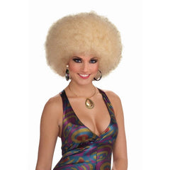 Female wearing Adult Afro Blonde Wig with curly blonde afro hairstyle