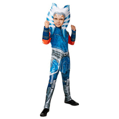 Child wearing an officially licensed Ahsoka Deluxe Star Wars costume with headpiece, ideal for Book Week, May the 4th and Halloween.