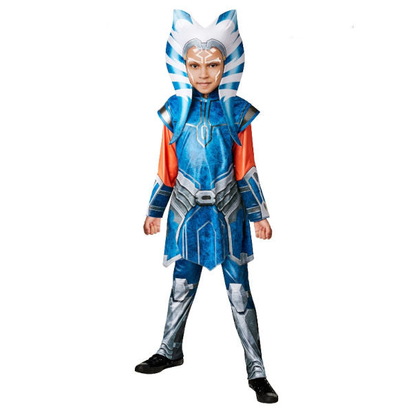 Child wearing an officially licensed Ahsoka Deluxe Star Wars costume with headpiece, ideal for Book Week, May the 4th and Halloween.