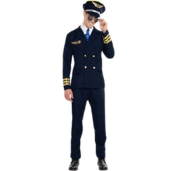 Adult Airline Pilot Costume navy with gold trim jacket, tie, pants, and hat