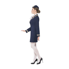 Airways Attendant Costume in dark blue, gold trim, skirt, jacket, scarf and hat.