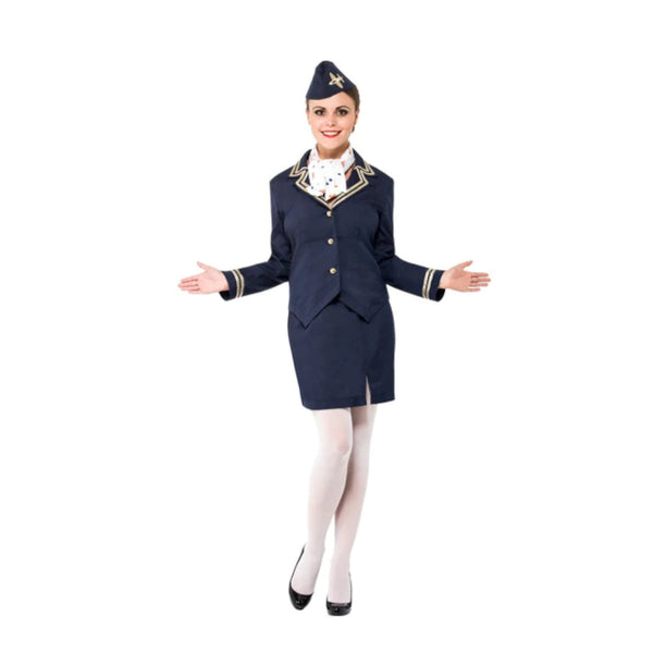 Airways Attendant Costume in dark blue, gold trim, skirt, jacket, scarf and hat.