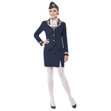 Airways Attendant Costume in dark blue, gold trim, skirt, jacket, scarf and hat.