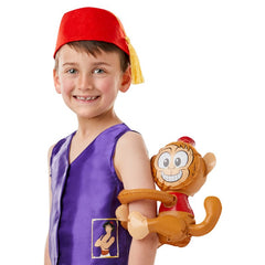 Aladdin Deluxe Costume - Child, satin purple vest with logo, cream and brown knee length blousey pants with patch, fabric fez hat and inflatable monkey.
