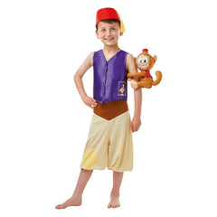 Aladdin Deluxe Costume - Child, satin purple vest with logo, cream and brown knee length blousey pants with patch, fabric fez hat and inflatable monkey.