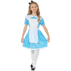 Girl wearing a classic Alice in Wonderland child costume with blue dress and white apron for Book Week