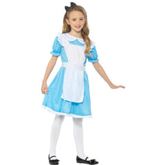 Girl wearing a classic Alice in Wonderland child costume with blue dress and white apron for Book Week