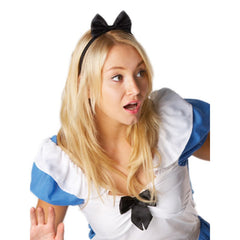 Adult Alice in Wonderland costume with blue dress, apron front, lace trim, and satin headband