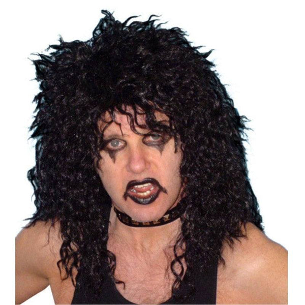 Black rocker wig with shaggy crimped mullet style
