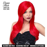 A bright red long wig with wavy, shoulder-length layers, modeled on a woman against a white background. The image includes text overlays for 'Dream Hair' and product features at the bottom.