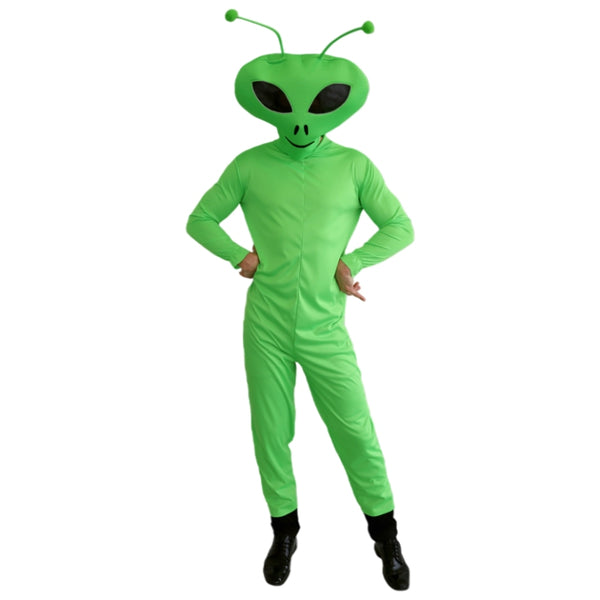 alien jumpsuit and oversized head front view
