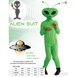 Green Alien Costume with jumpsuit and alien head packaging