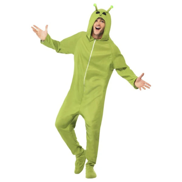 Alien onesie costume for adults in lime green with cute face and antenna on attached hood and attached shoe covers.