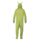 alien onesie costume for adults, green loosefitting jumpsuit with hood.