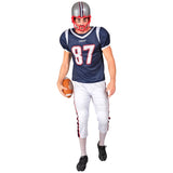 American football player costume with padded shoulders and knees.