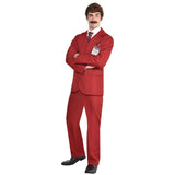 Anchorman ron burgundy suit includes, jacket, trousers, tie and ID badge.