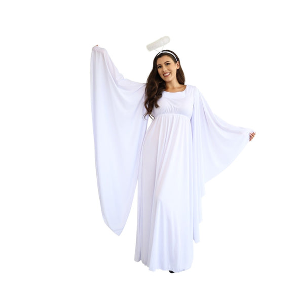 Angel adult costume with wide sleeves to resemble wings