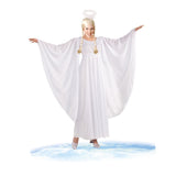 Adult angel costume with white flowing dress and halo headband
